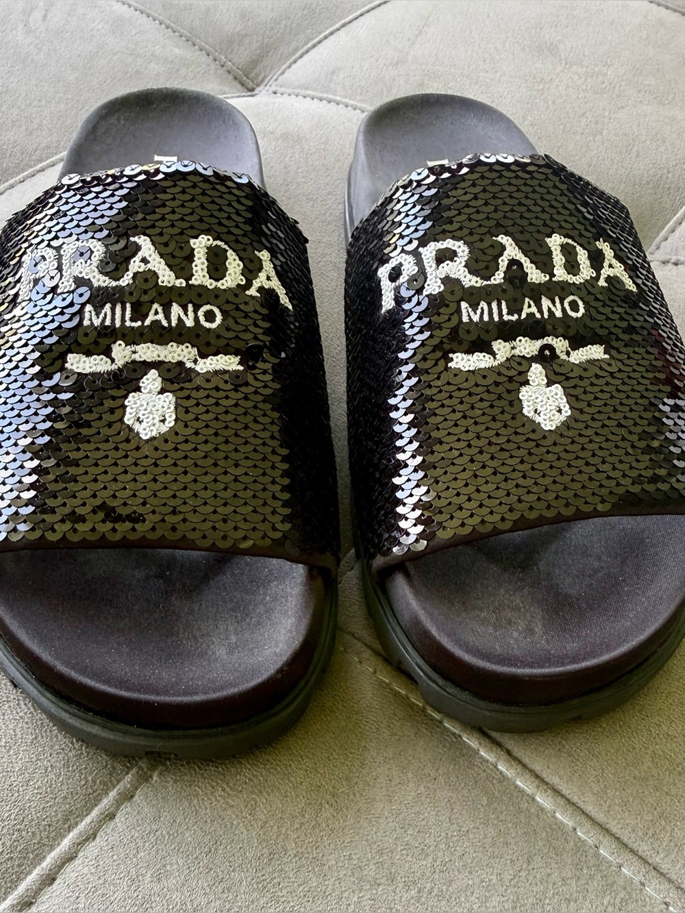 Prada Black Sequin Logo Slide Sandals